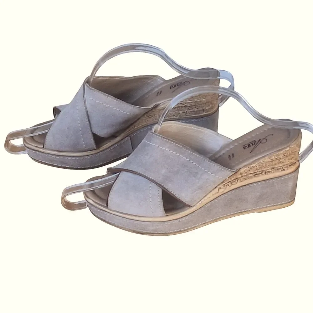 AZURA Italy Cork Wedge Sandals Criss-Cross Slides Finest Italian Leather Cushy
